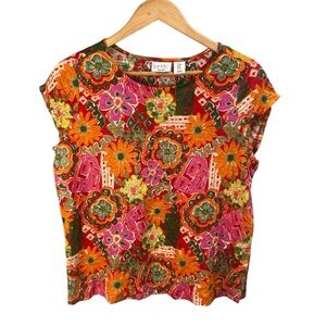 Nicole Miller Top Women Medium 100% Linen Cap Sleeve Boxy Floral Relaxed Boho